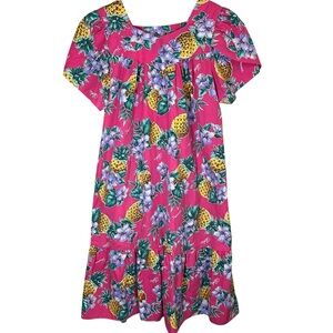 VTG Evergreen Island Aloha Hawaii Muu Muu Kaftan Midi Dress Pink Sz XL Pineapple